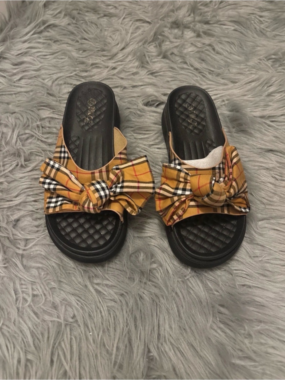Rouge Bow Plaid Slide Sandals - Black Soles with Mustard Plaid Bows